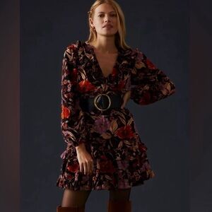 Anthropologie Pilcro Tiered Corduroy Ruffled Floral Mini Dress - XXS - EUC